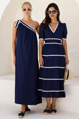 One Shoulder Cotton Dobby Ric Rac Dress | Navy/Ivory