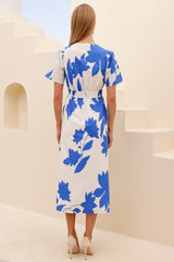 Elsa Printed Cotton Dress | Ivory/Cobalt