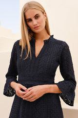 Thea Cotton Blend Lace Dress | Navy - Aspiga