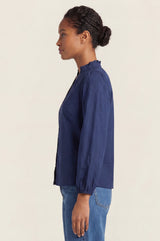 Notch Neck Cotton Poplin Blouse | Navy