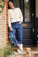 Merino Wool Blanket Stitch Cardigan | Cream/Navy