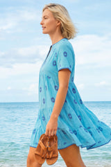 India Embroidered Organic Cotton Dress | Turquoise/Cobalt