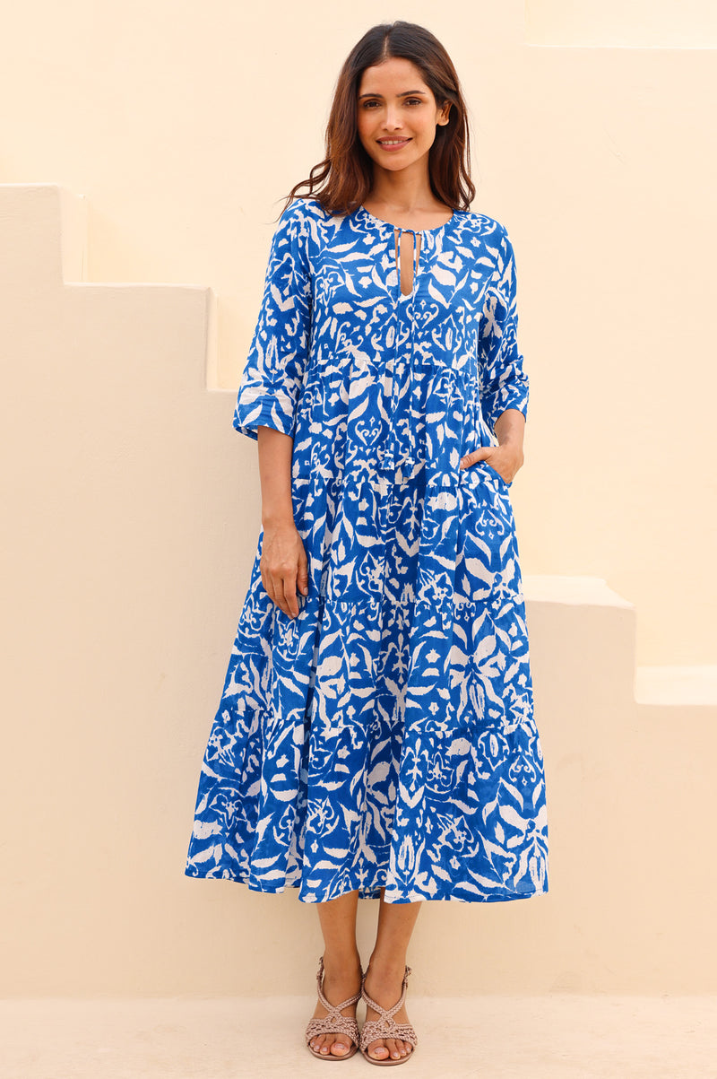 Aspiga Women's Ladies Sustainable Emma Organic Cotton Cobalt Pattern Summer Midi Dress - Blue