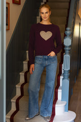 Cashmere Crew Neck Heart Jumper | Burgundy/Oat