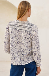 Printed Smocked Organic Cotton Cheesecloth Blouse | Ecru/Navy
