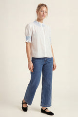Embroidered Smocked Short Sleeve Blouse | White/Cornflower