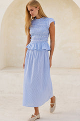 Smocked Organic Cotton Stripe Dobby Skirt | Blue/White