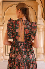 V Neck Rose Maxi Dress | Khaki/Orange