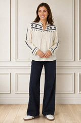 Embroidered Button Through Long Sleeve Blouse | Ecru/Navy