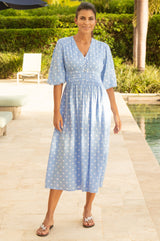 APPROVED * Jyoti Printed Rayon Dress | Polka Dot Cornflower/White - Aspiga