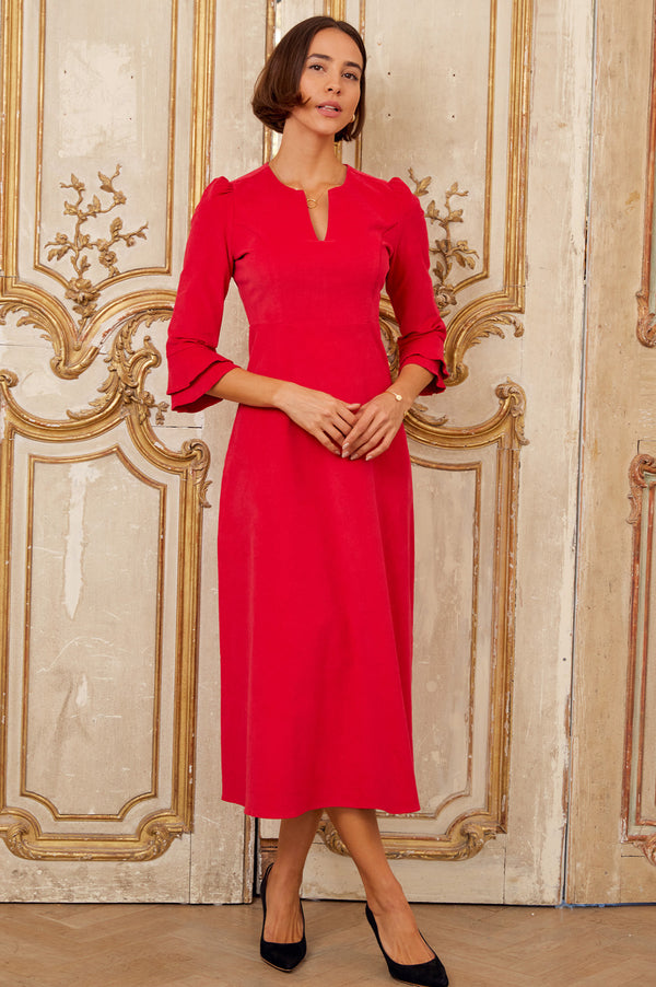 Jocelyn V-Neck 3/4 Sleeve Stretch Corduroy Dress | Red