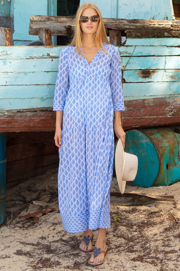 aspiga maxi dresses Aspiga Womens Sustainable Mykonos Maxi Dress Organic Cotton Summer Holiday Beach Cover Up White Blue