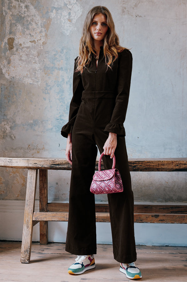 Zip Front Stretch Corduroy Jumpsuit | Chocolate
