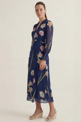 RHS Printed V Neck Chiffon Dress | Navy