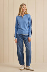 Merino Wool Overarm Stripe Quarter Zip Jumper | Serene Blue/Navy/Off White