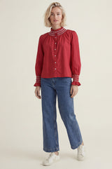 Embroidered Smocked Blouse | Red/White