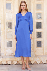 Sabine Long Sleeved Hammered Satin Dress | Blue