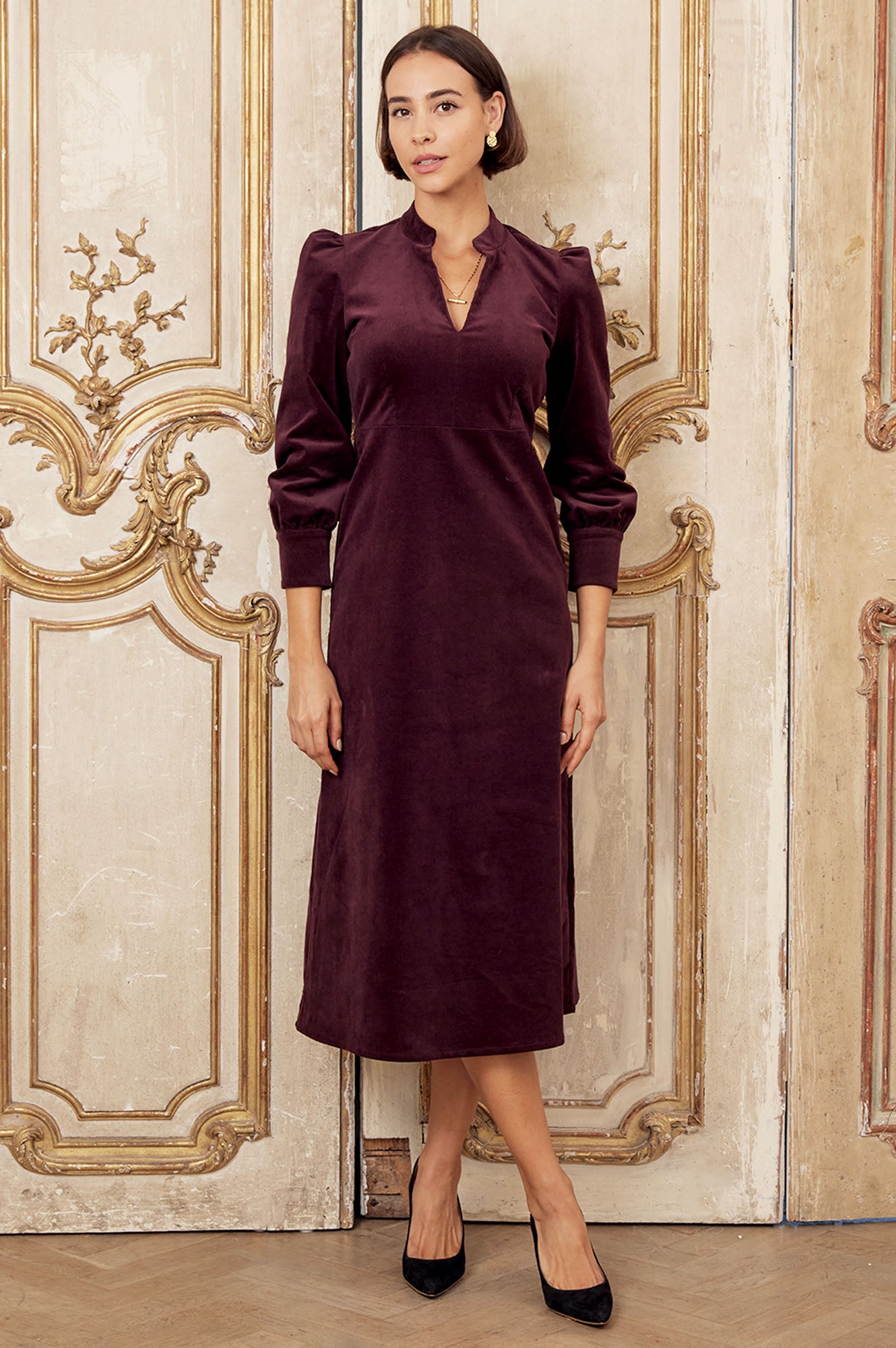 Aspiga Ladies Sustainable Enid Stretch Corduroy Cotton Dress Burgundy