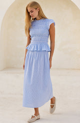 Tilly Organic Cotton Smocked Stripe Dobby Blouse | Blue/White
