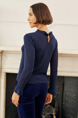 Metallic Knit Frill Neck Jumper | Navy