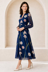 RHS Printed V Neck Chiffon Dress | Navy