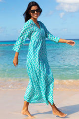 Mykonos Maxi Dress | Palm White/Turquoise - Aspiga