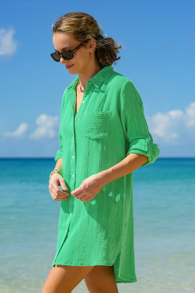 Saffron Organic Cotton Cheesecloth Beach Shirt | Green
