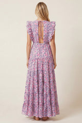 V Neck Rose Maxi Dress | White/Green/Pink