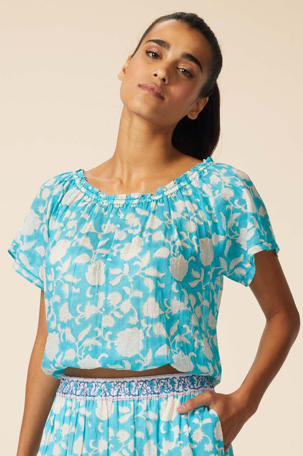 Ilana Block Print Organic Cotton Top | Ornate Flower Turquoise