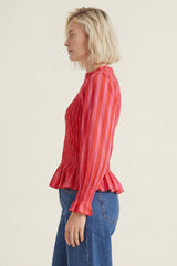 Long Sleeve Shirred Blouse | Red/Pink