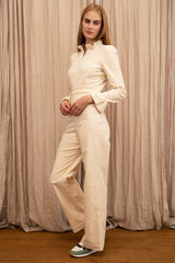 Zip Front Stretch Corduroy Jumpsuit | Cream