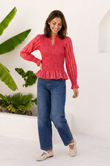 Long Sleeve Stripe Shirred Blouse | Red/Pink