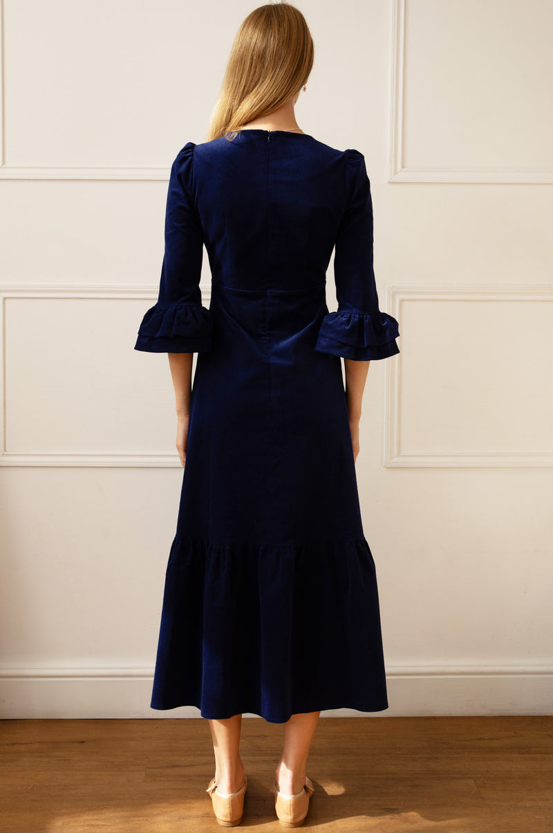 Victoria Round Neck 3/4 Sleeve Stretch Corduroy Dress | Atlantic Blue