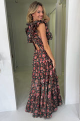 Rose Frill Maxi Dress | Khaki/Orange