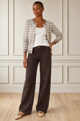 Merino Wool Button Through Stripe Cardigan | Taupe/Cream