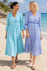 Hayden Organic Cotton Dress | Ikat White/Turquoise