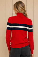 Merino Wool Stripe Polo Neck Jumper | Red/Navy/Off White