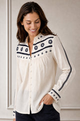 Embroidered Button Through Long Sleeve Blouse | Ecru/Navy