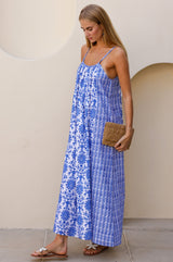 Bella Organic Cotton Block Print Sundress | White/Cobalt