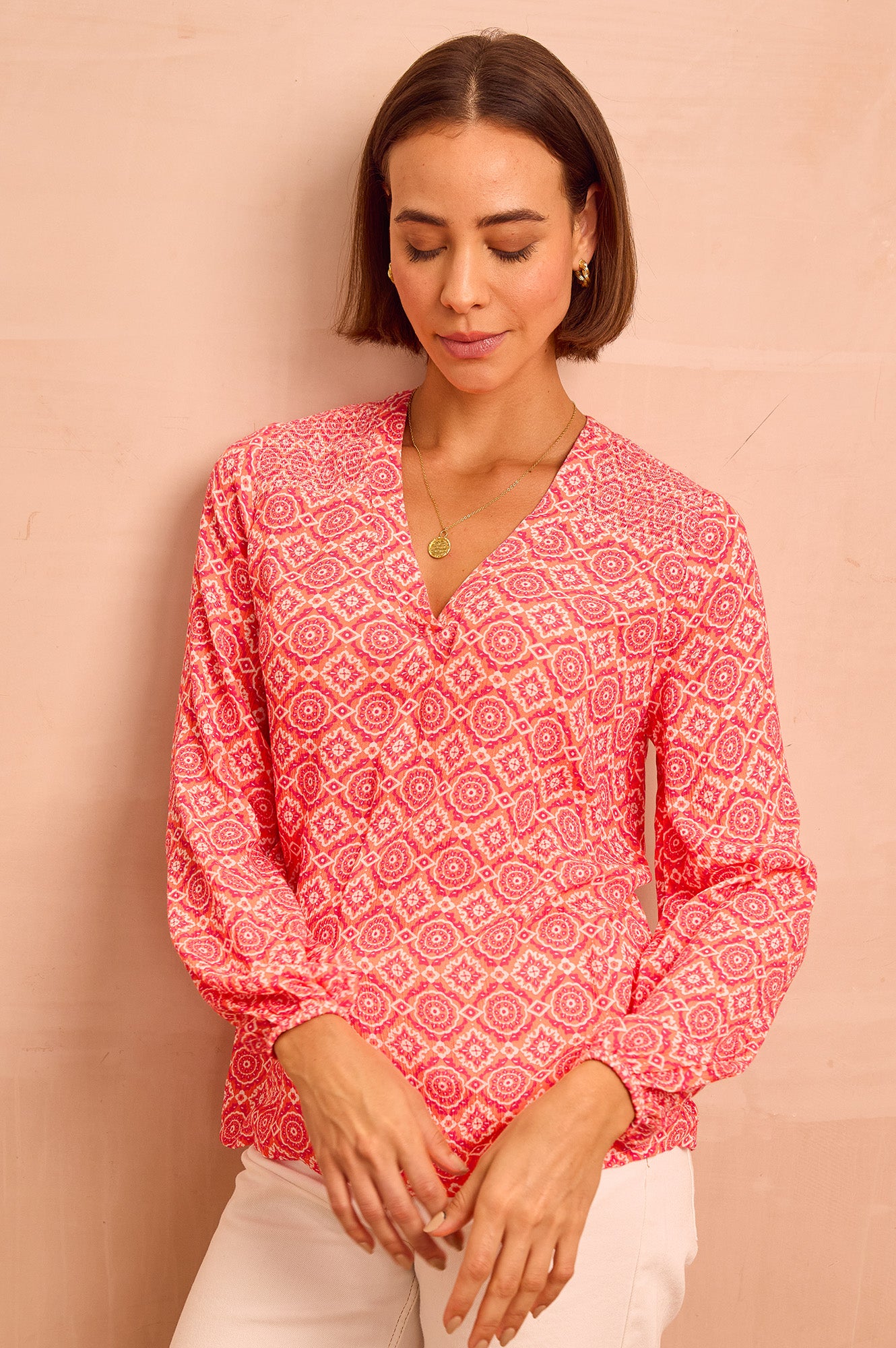 Clea Blouse | Flower Tile Orange/Pink