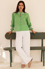 Embroidered Smocked Blouse | Check Green/White
