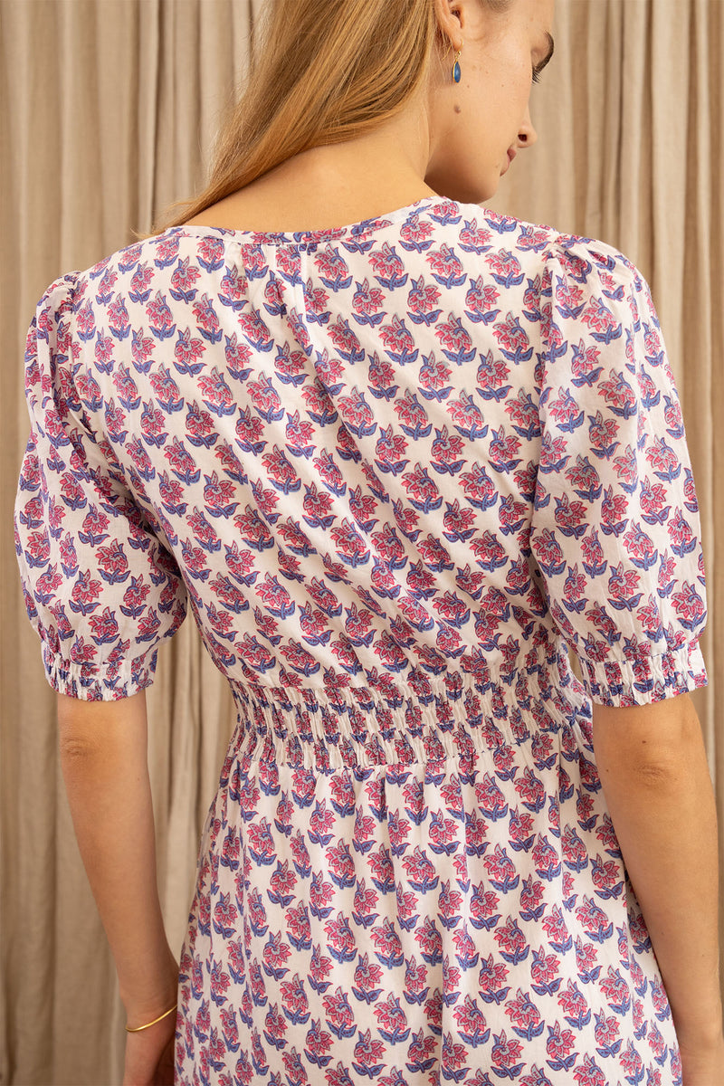 Billie Short Sleeve Organic Cotton Dress | Lily Flower White/Grey/Pink
