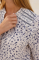 Printed Smocked Organic Cotton Cheesecloth Blouse | Ecru/Navy