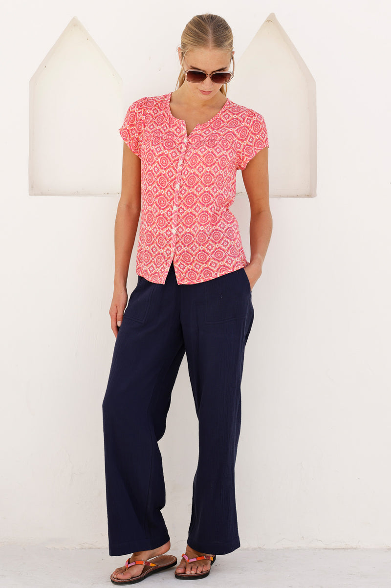 Lisbon Viscose Crinkle Blouse | Flower Tile Coral/Pink