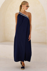 One Shoulder Cotton Dobby Ric Rac Dress | Navy/Ivory
