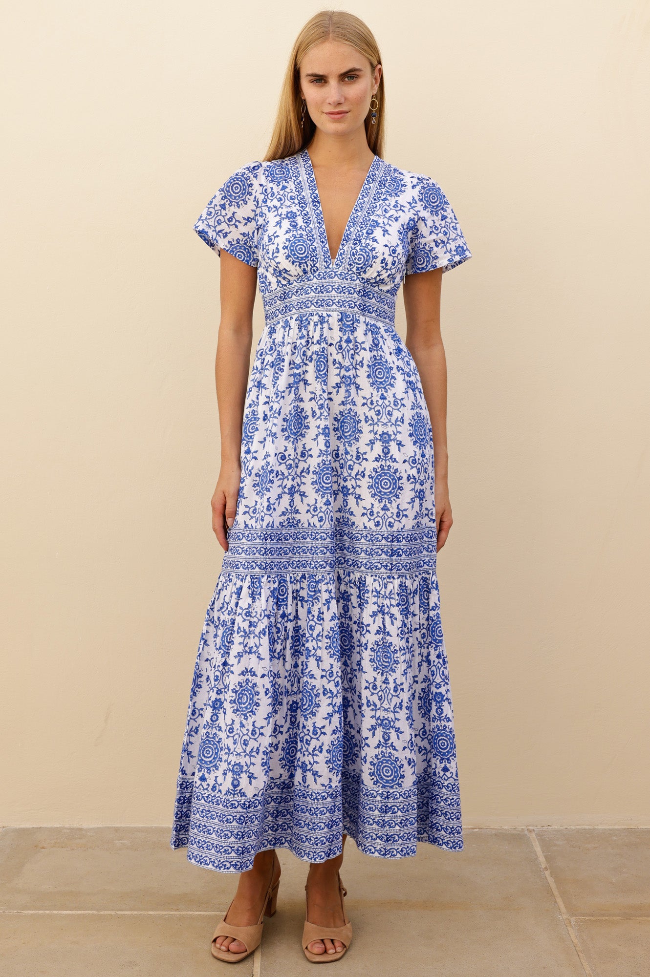 APPROVED Pippa Organic Cotton Short Sleeve Block Print Dress | White/Cobalt - Aspiga