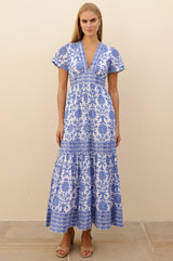 APPROVED Pippa Organic Cotton Short Sleeve Block Print Dress | White/Cobalt - Aspiga