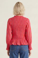Long Sleeve Shirred Blouse | Red/Pink
