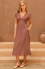V-Neck Linen Dress | Chocolate - Aspiga