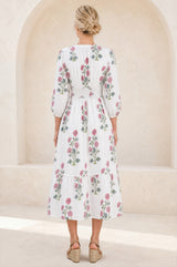 Jyoti Cotton Midi Dress | White/Pink/Green